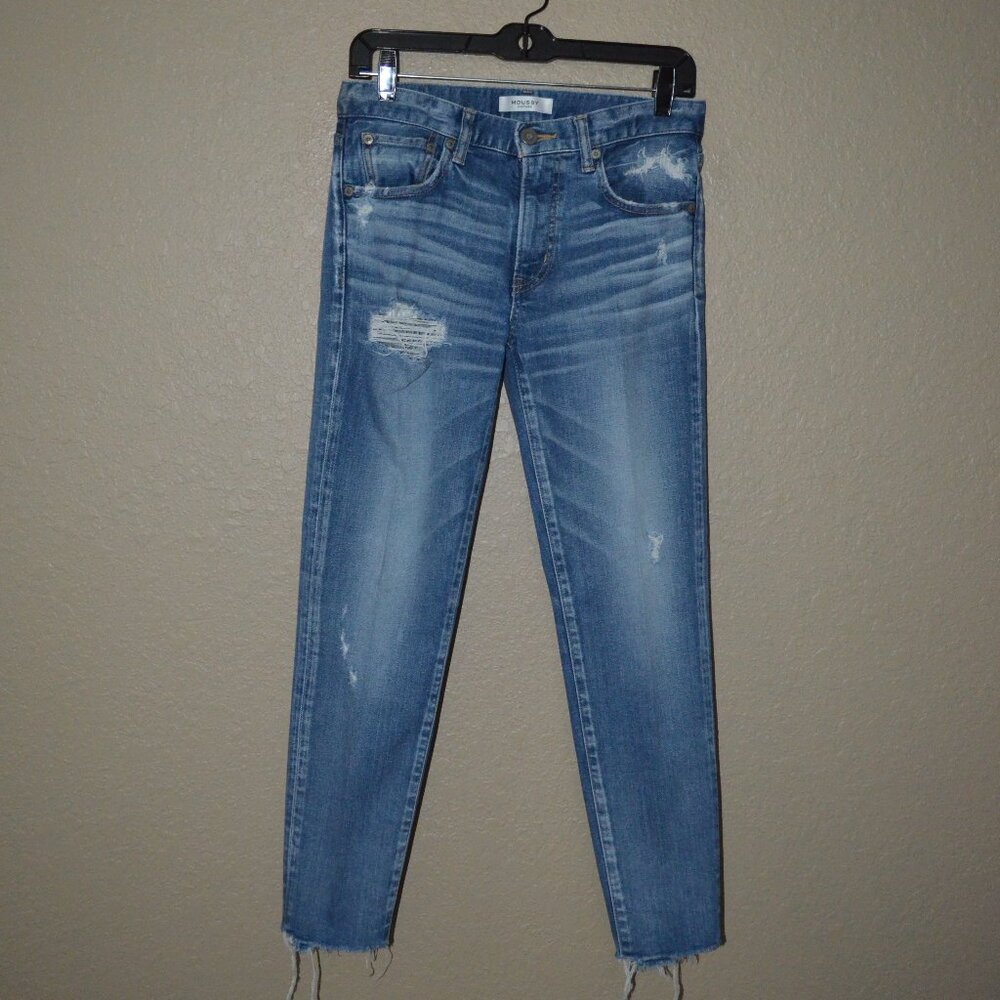 $350 Sz 27 Moussy Blue Distressed Frayed Hem Skinny Jeans